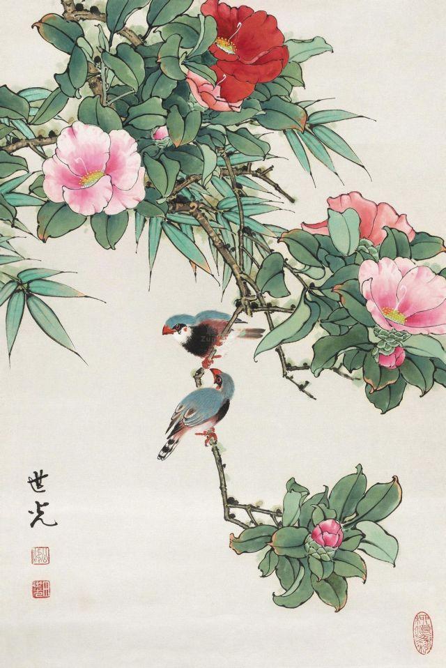 國(guó)畫(huà)工筆花鳥(niǎo)畫(huà)《桃花福壽》（鏡心）作者田世光