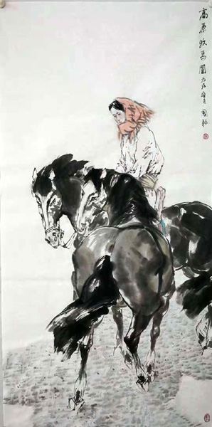 趙國毅人物畫作品展作品《高原牧馬圖》