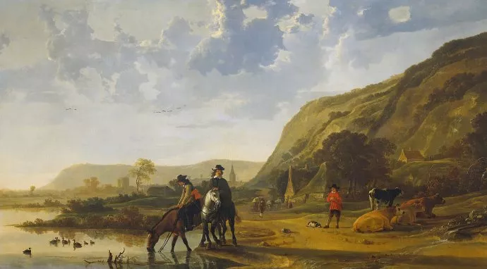 阿爾伯特·克伊普 Aelbert Cuyp 油畫作品欣賞《河景觀與旅行者》