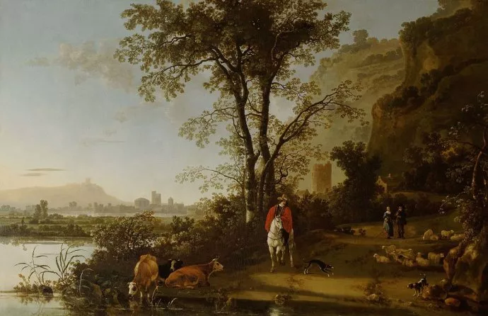 阿爾伯特·克伊普 Aelbert Cuyp 油畫作品欣賞《一個騎馬的人和?！? /> 
</p>
<p style=