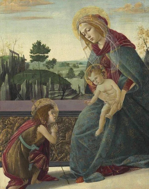 桑德羅·波提切利（Sandro Botticelli）油畫作品《圣母、圣嬰與年輕的施洗者圣約翰（Madonna and Child with Young Saint John the Baptist）》